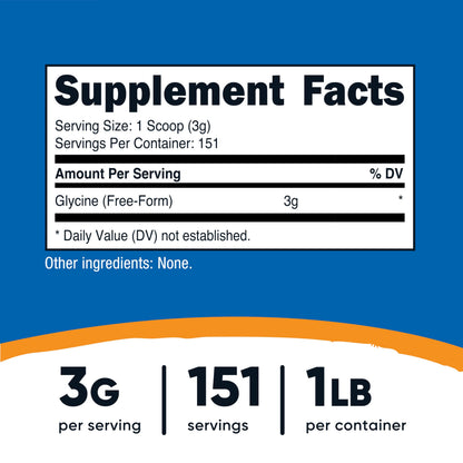 Nutricost Glycine Powder supplement facts label highlighting three grams per serving and non-GMO certification