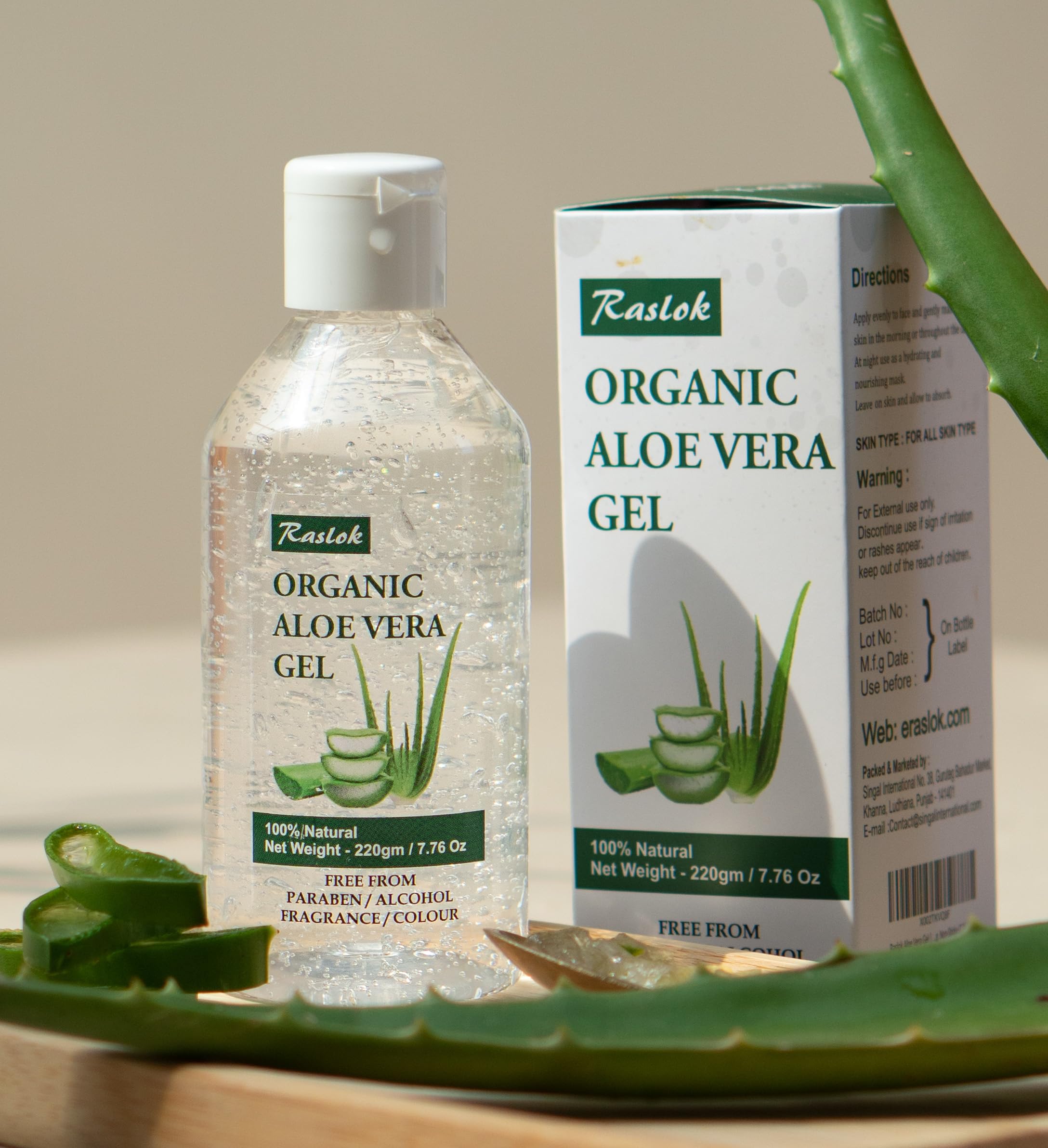 Close up of Raslok 220 gram aloe vera gel container
