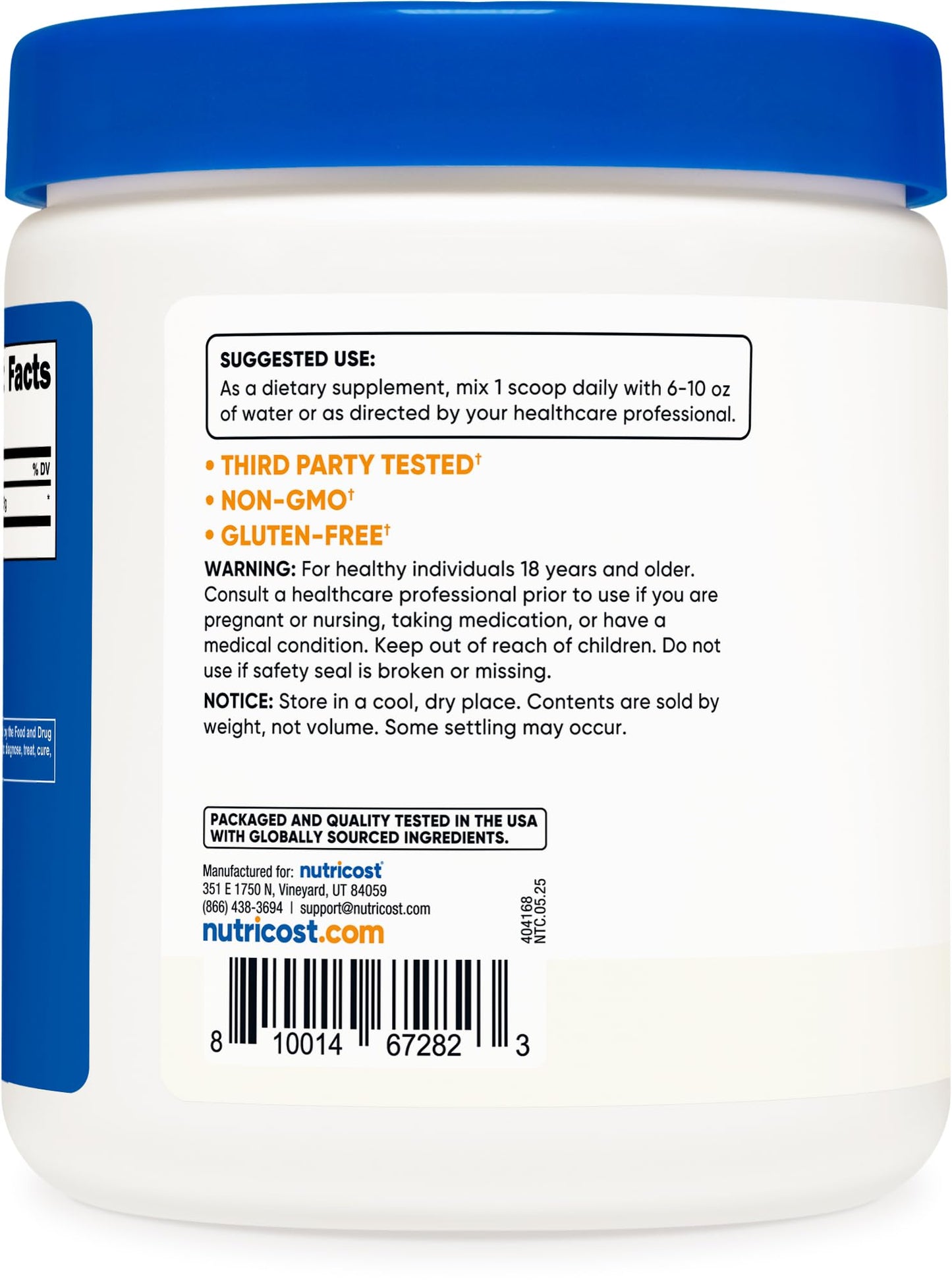 Nutricost Glycine Powder side view outlining third-party testing and GMP-compliant manufacturing seals