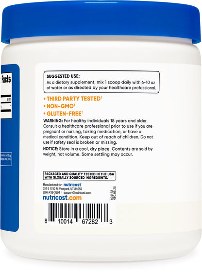 Nutricost Glycine Powder side view outlining third-party testing and GMP-compliant manufacturing seals