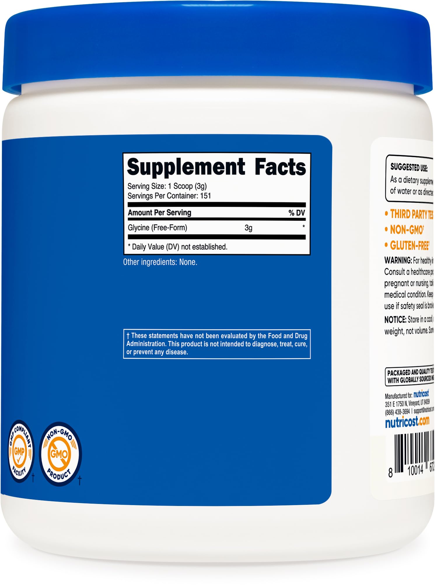 Nutricost Glycine Powder imported dietary supplement packaging showing five-month supply information