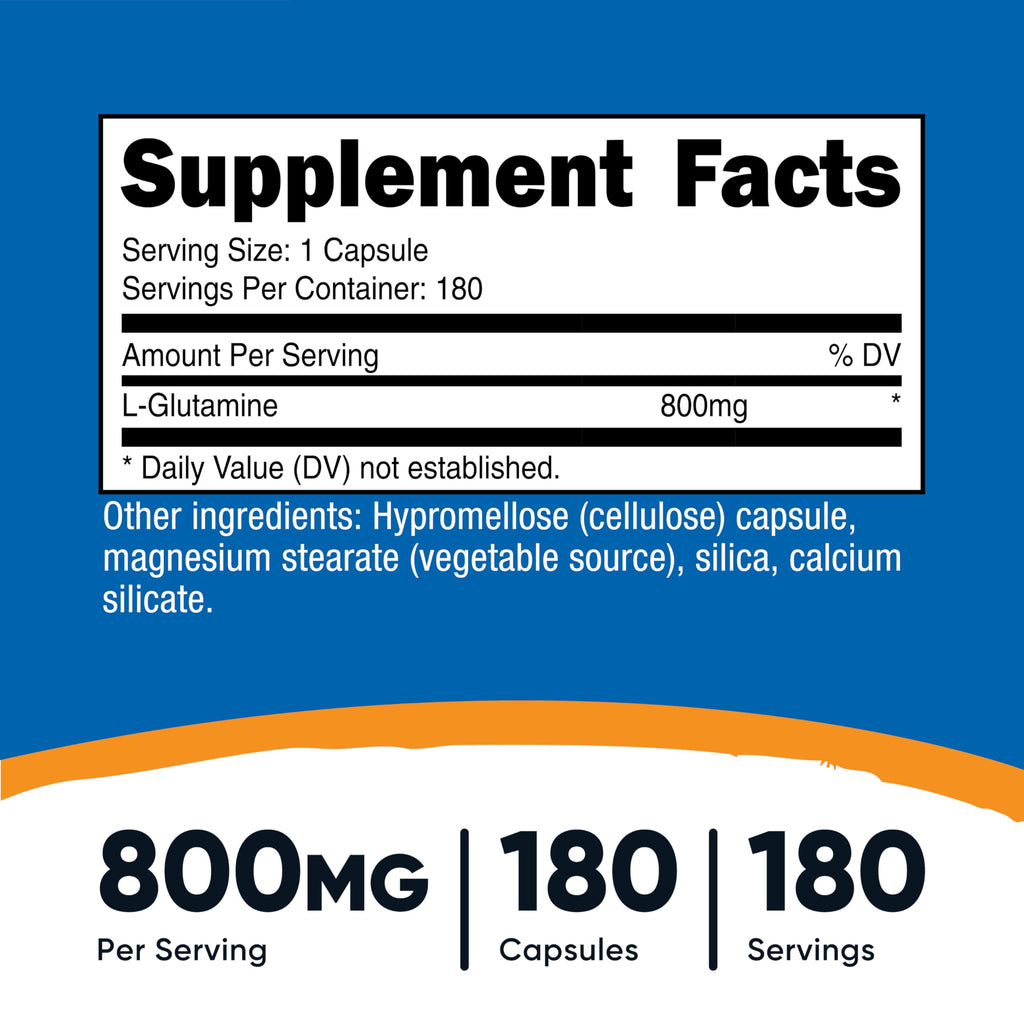 Nutricost L-Glutamine 180 capsules supplement bottle back label details