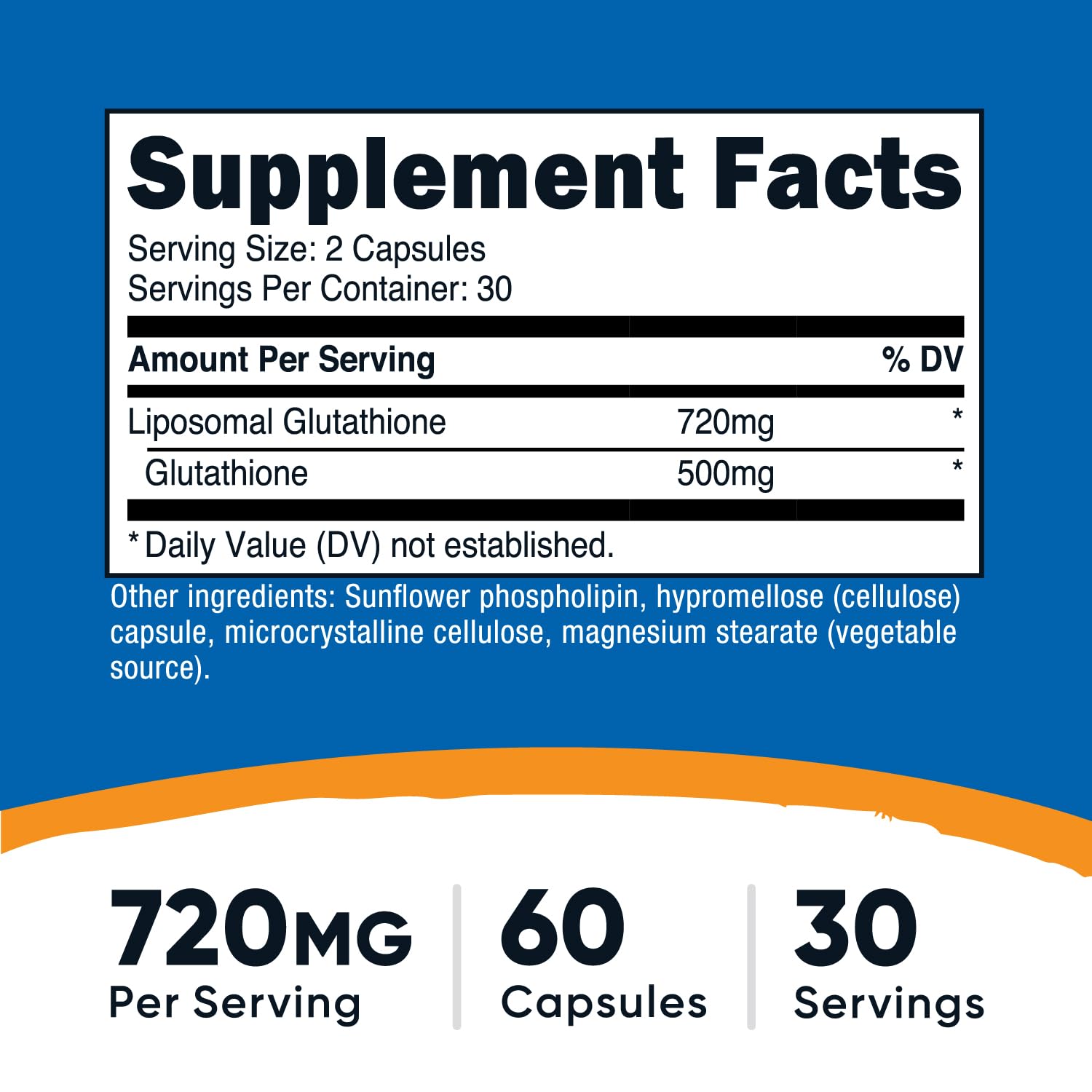 Supplement facts panel on the back of Nutricost Liposomal Glutathione showing ingredients and lipid blend details.