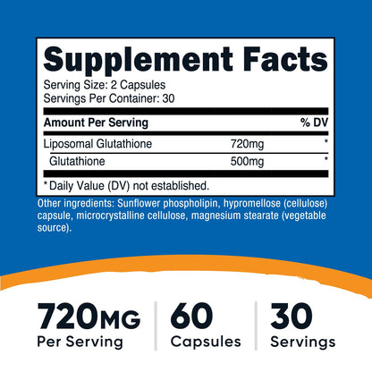 Supplement facts panel on the back of Nutricost Liposomal Glutathione showing ingredients and lipid blend details.