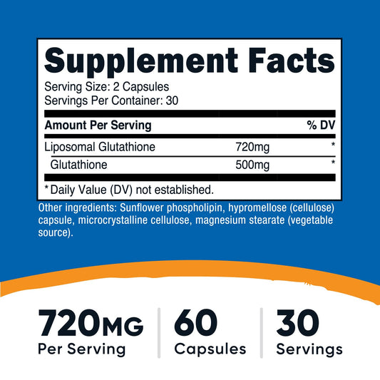 Supplement facts panel on the back of Nutricost Liposomal Glutathione showing ingredients and lipid blend details.