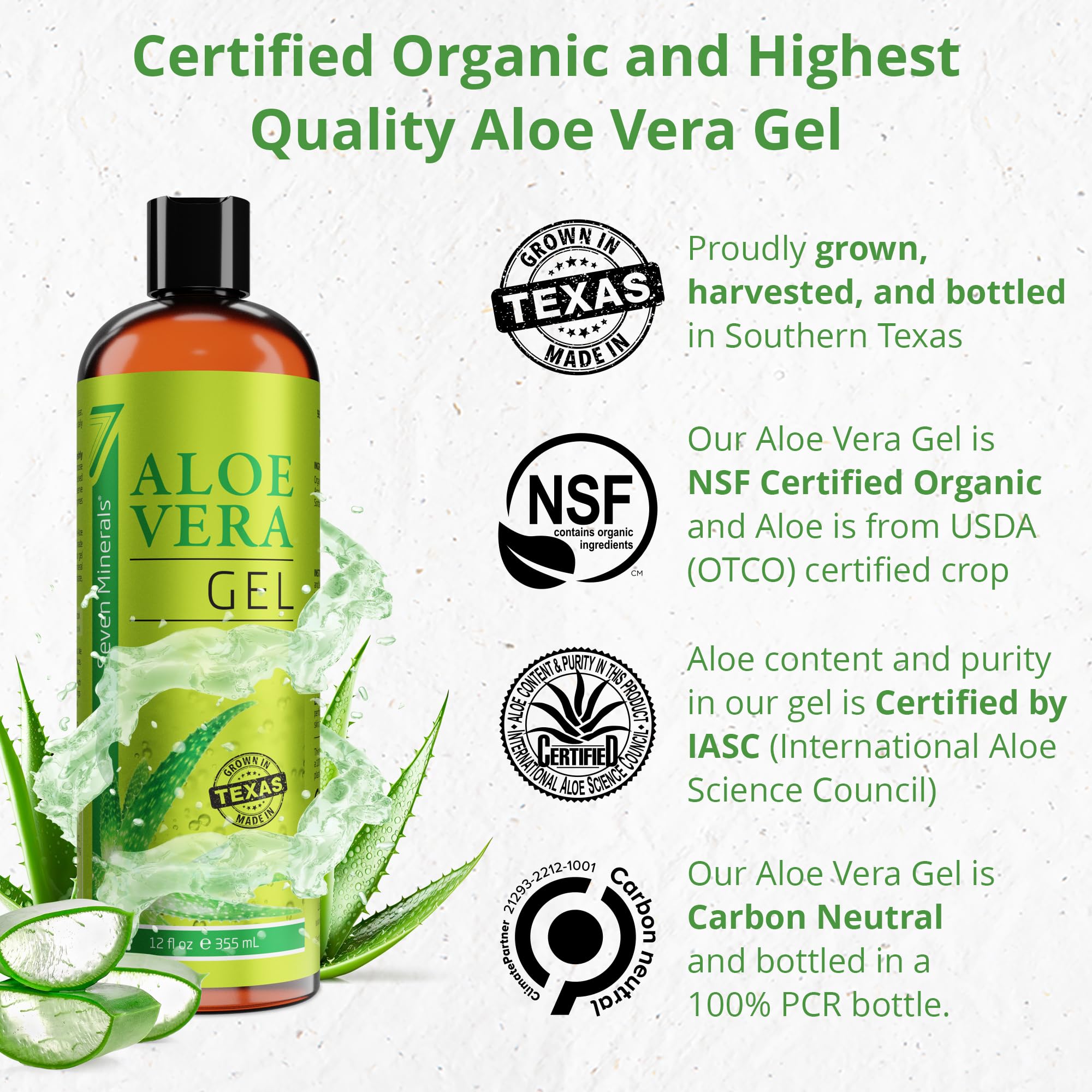 Close up of Seven Minerals Aloe Vera Gel bottle texture
