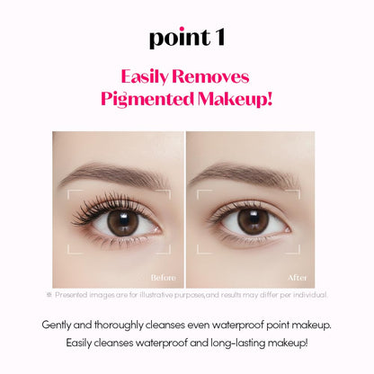 Pouring the bi-phase ETUDE eye makeup cleanser onto a cotton pad for waterproof mascara removal