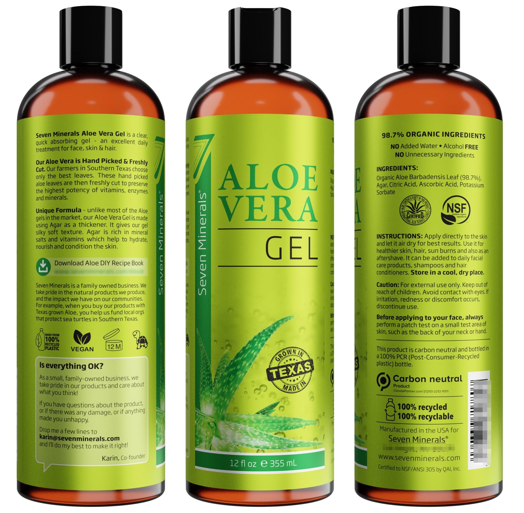 Side profile of Seven Minerals Aloe Vera Gel bottle label