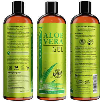 Side profile of Seven Minerals Aloe Vera Gel bottle label