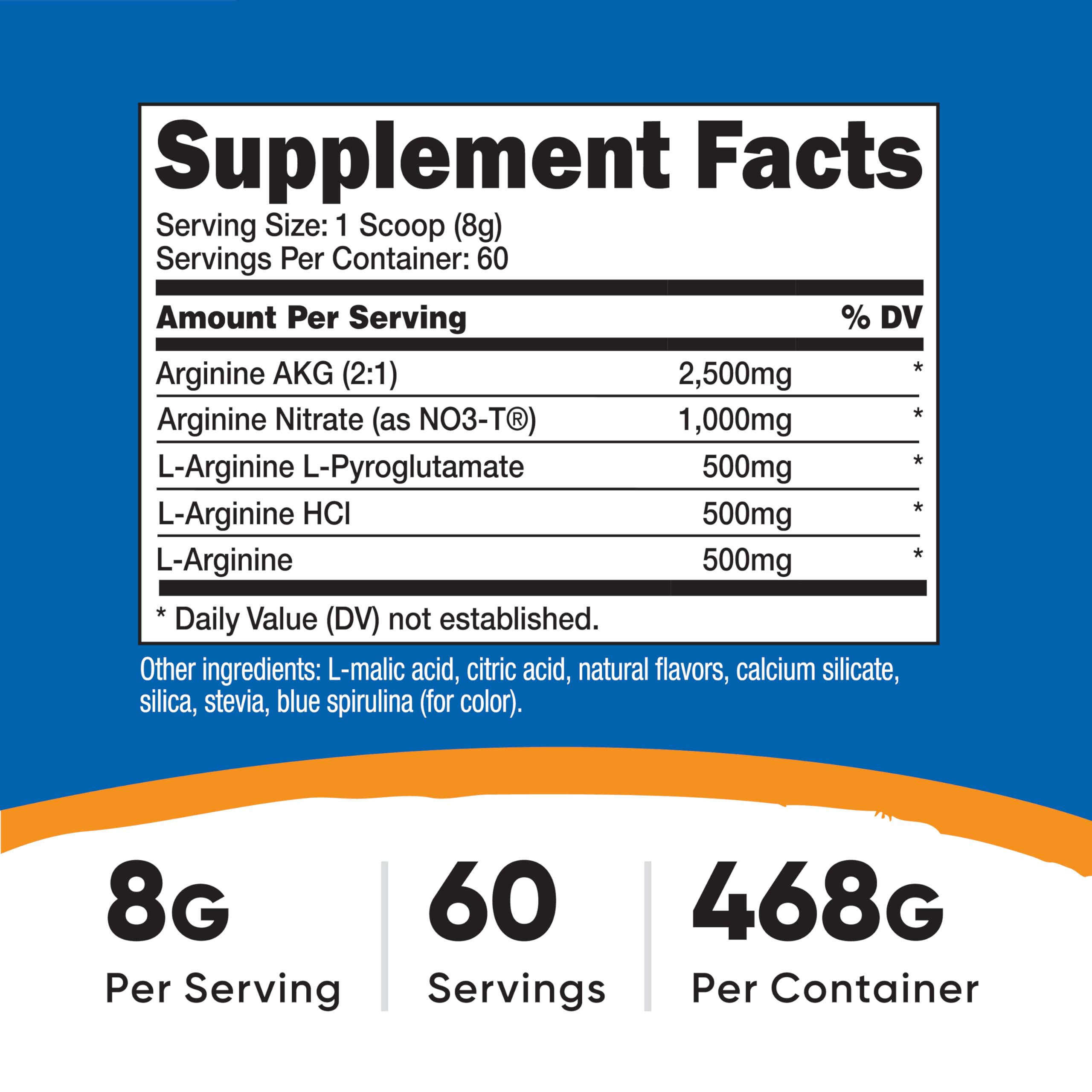 Nutricost L-Arginine Blue Raspberry supplement facts nutrition label