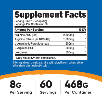 Nutricost L-Arginine Blue Raspberry supplement facts nutrition label