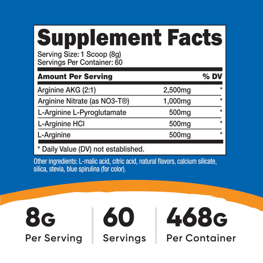 Nutricost L-Arginine Blue Raspberry supplement facts nutrition label