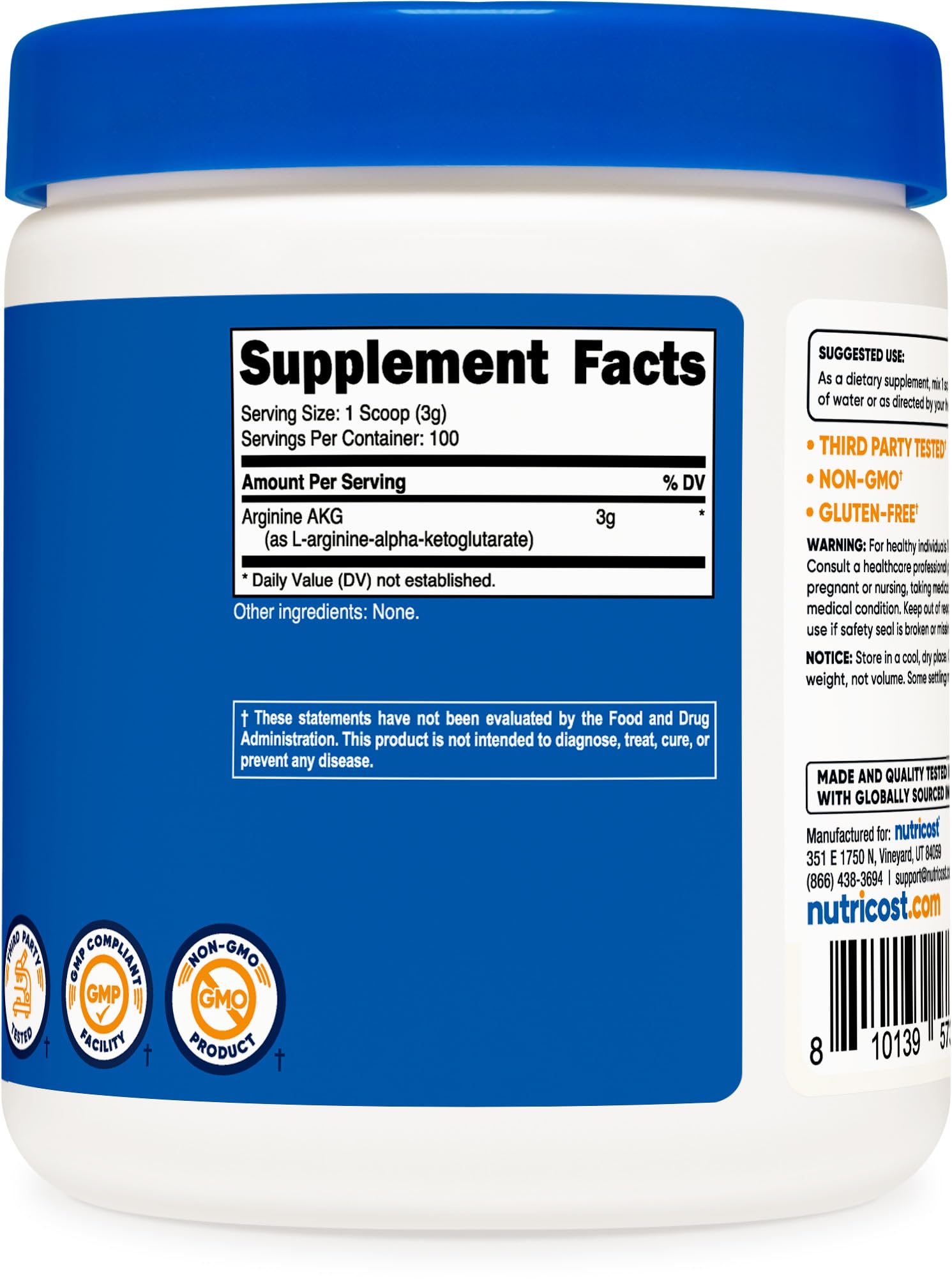 Nutricost Arginine AKG 300g dietary supplement for fitness endurance
