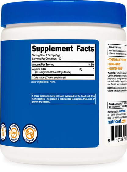 Nutricost Arginine AKG 300g dietary supplement for fitness endurance