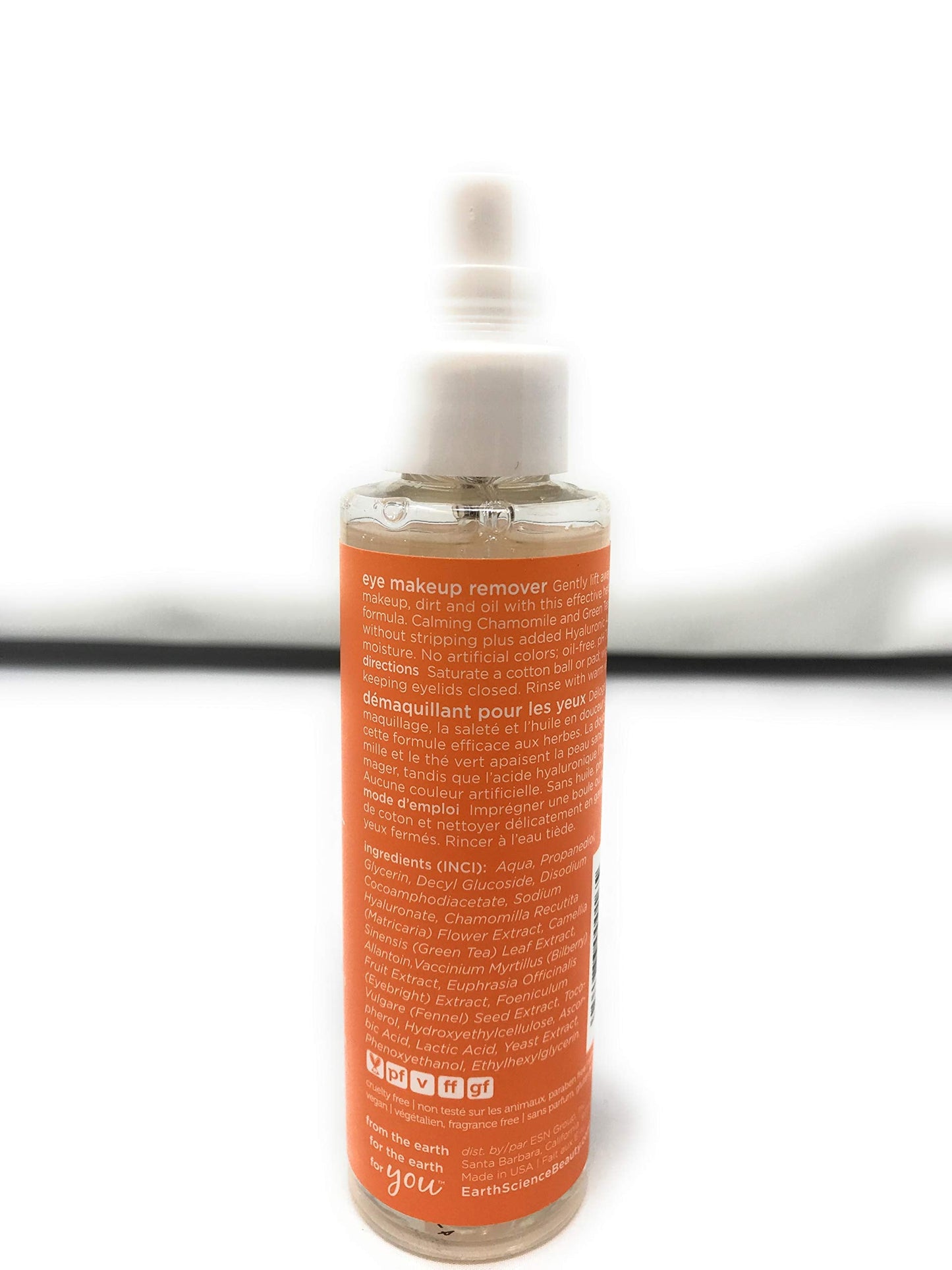 Back label of Earth Science 4 Fluid Ounce eye makeup remover bottle