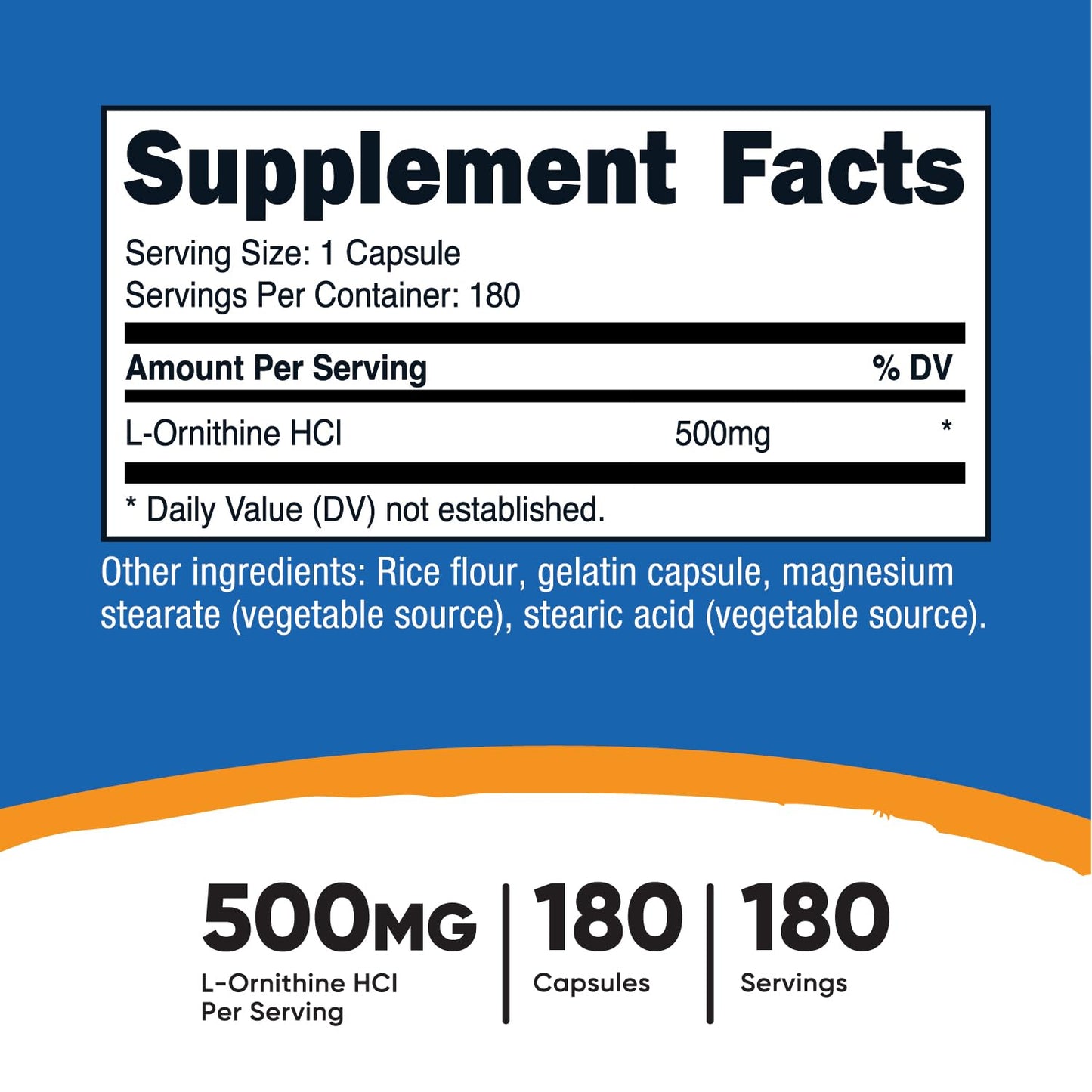 Nutricost L-Ornithine 500mg supplement facts panel and nutritional ingredients
