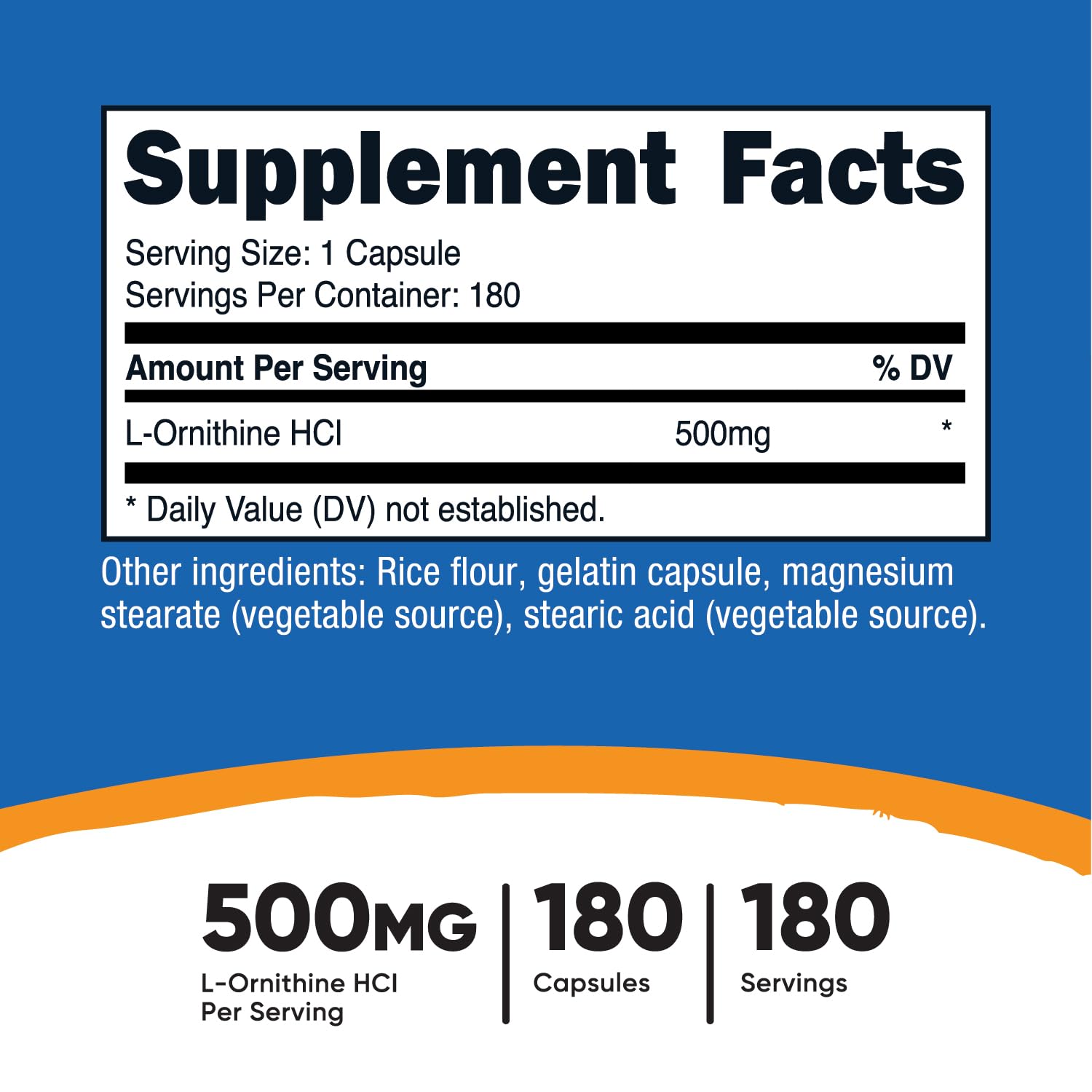 Nutricost L-Ornithine 500mg supplement facts panel and nutritional ingredients