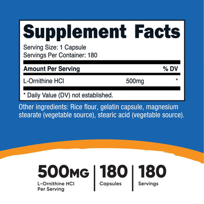 Nutricost L-Ornithine 500mg supplement facts panel and nutritional ingredients