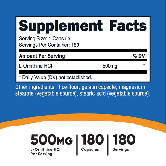 Nutricost L-Ornithine 500mg supplement facts panel and nutritional ingredients