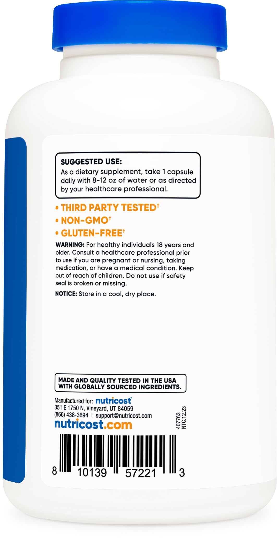 Nutricost L-Ornithine 180 capsules clear dietary supplement packaging info