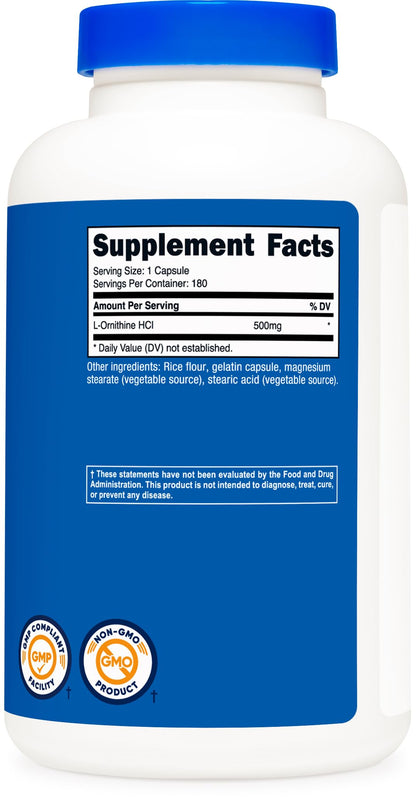 Nutricost L-Ornithine amino acid capsules non-GMO and gluten free certifications