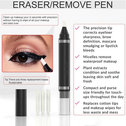Close up of the precision tip eraser stick correcting a smudged eyeliner wing.