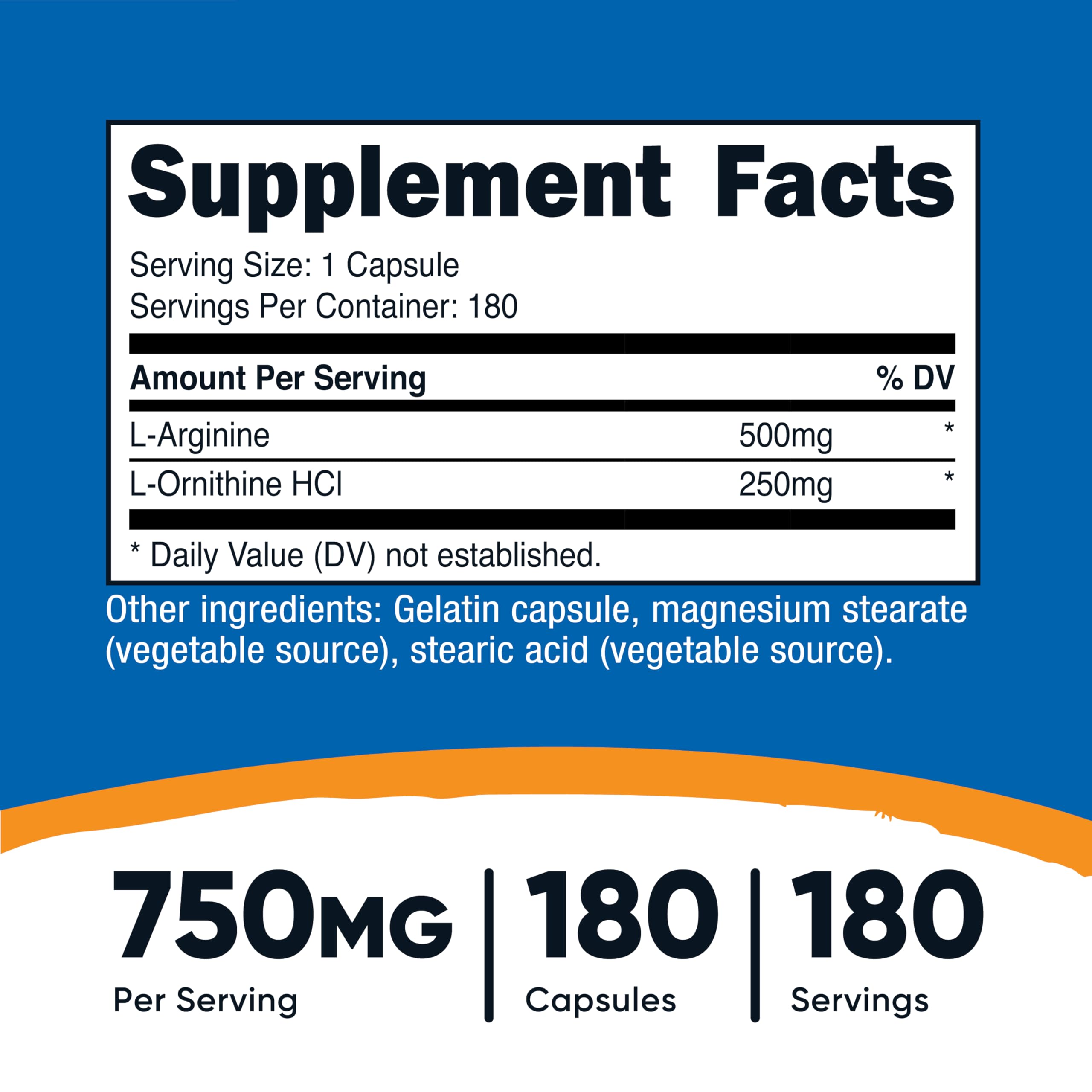 Nutricost L Arginine and L Ornithine supplement nutrition facts label detailing 500mg Arginine and 250mg Ornithine dosages.