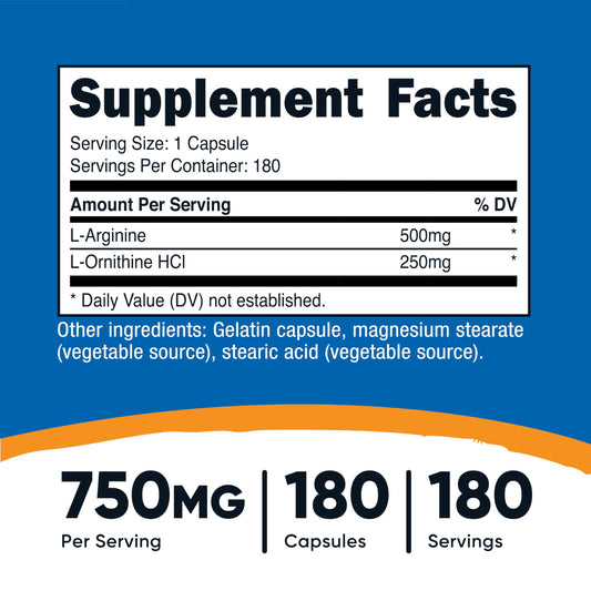 Nutricost L Arginine and L Ornithine supplement nutrition facts label detailing 500mg Arginine and 250mg Ornithine dosages.