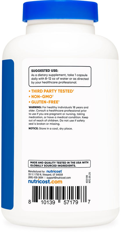 Close-up of the USA imported Nutricost supplement bottle displaying clear safety seals and GMP compliance certification symbols.