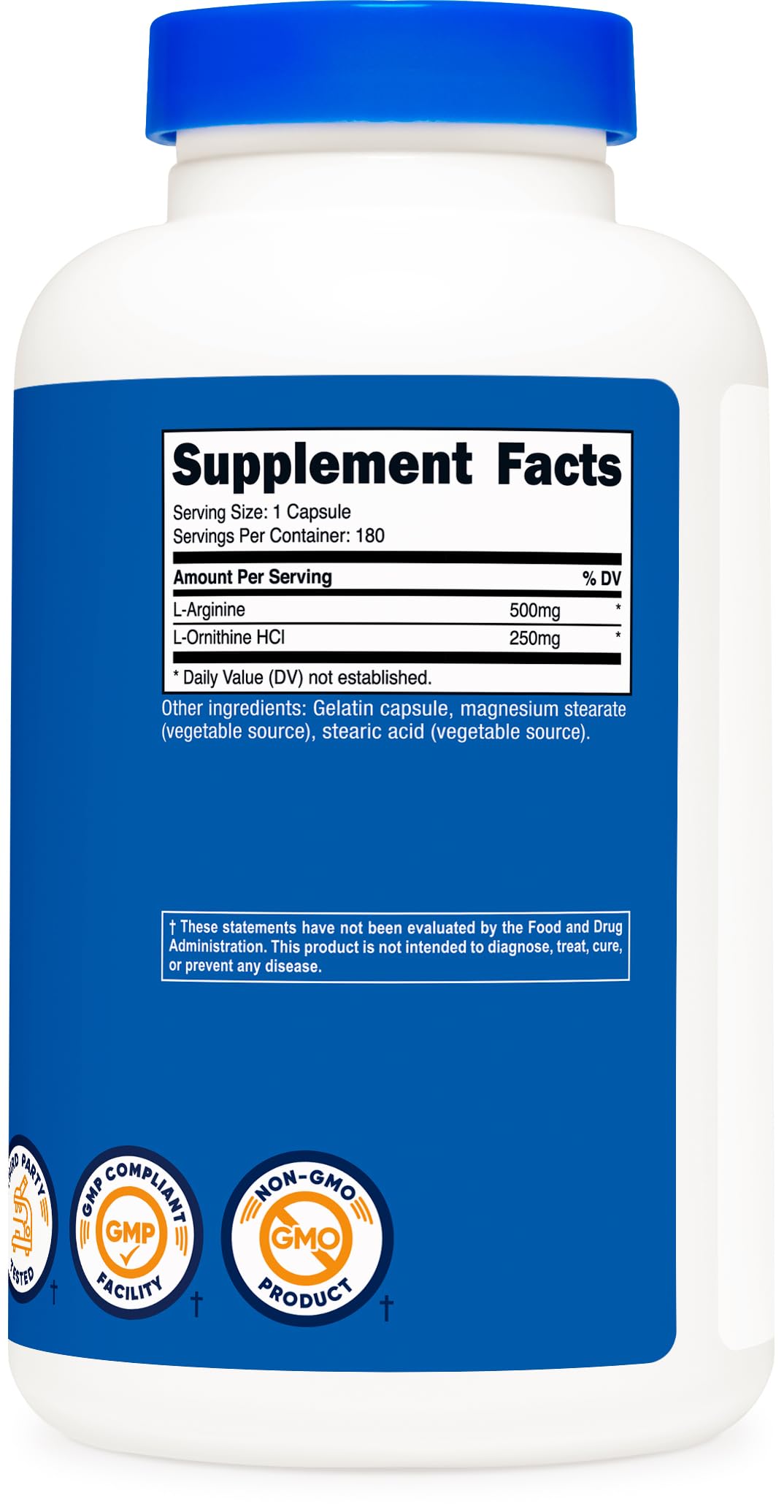 Nutricost L Arginine and L Ornithine capsules container showing serving size suggestions and manufacturing details.