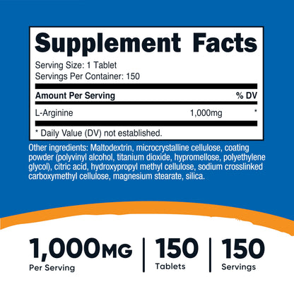 Nutricost L-Arginine 1000mg supplement facts label detail
