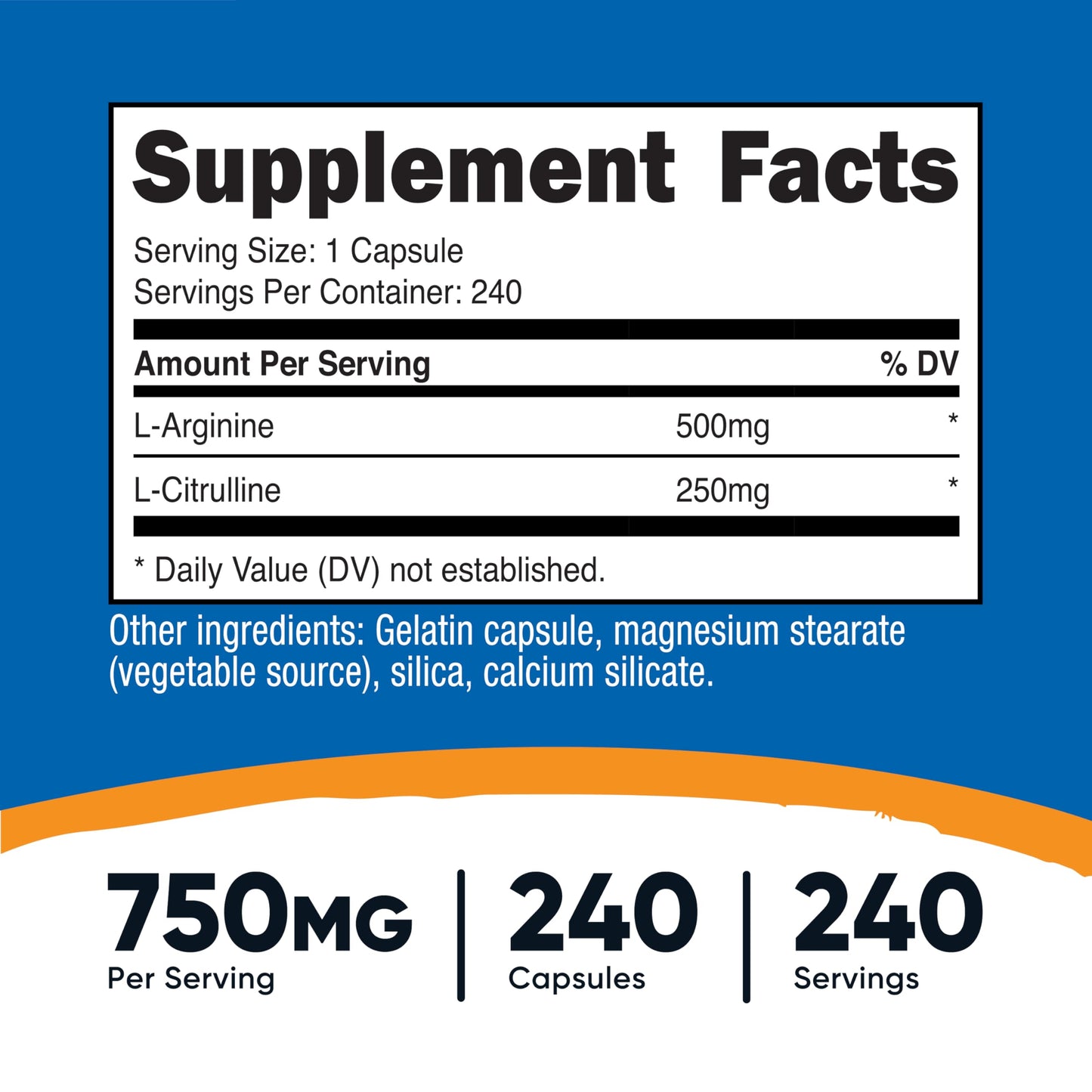 Nutricost nitric oxide booster supplement bottle displaying supplement facts panel