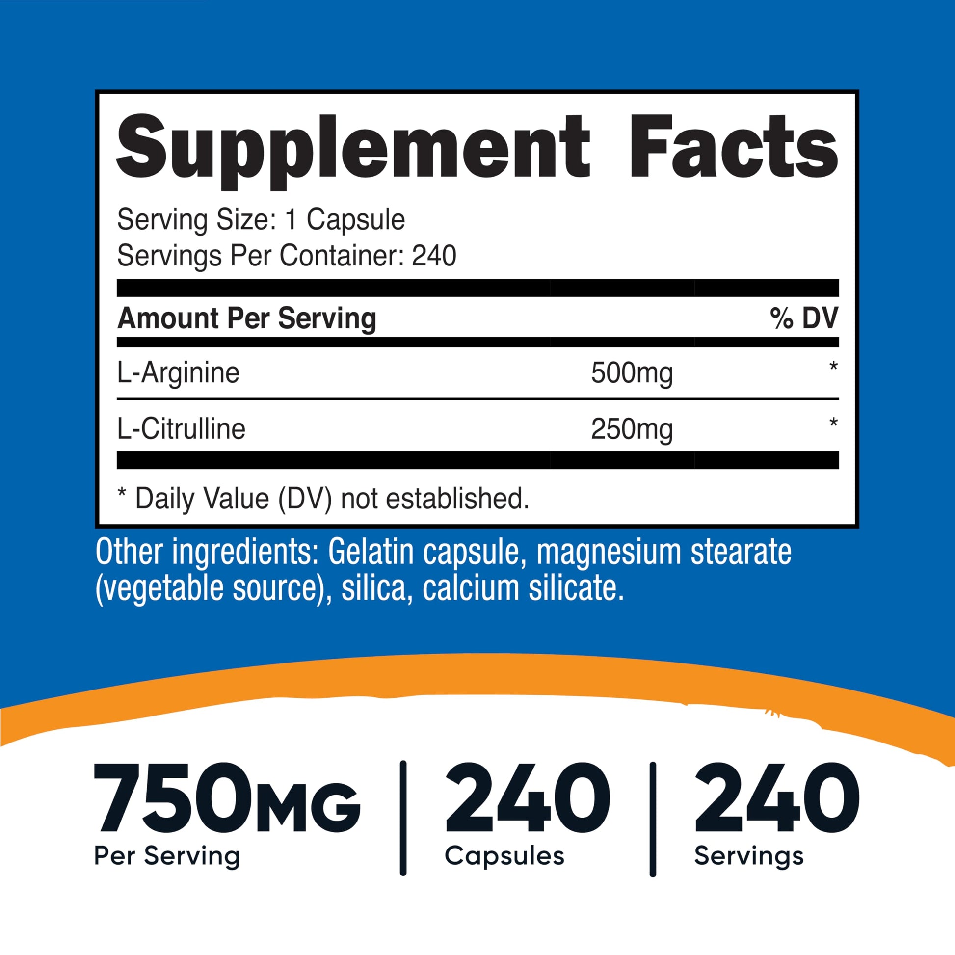 Nutricost nitric oxide booster supplement bottle displaying supplement facts panel