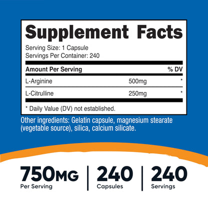 Nutricost nitric oxide booster supplement bottle displaying supplement facts panel