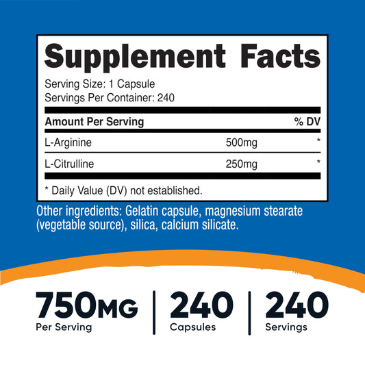 Nutricost nitric oxide booster supplement bottle displaying supplement facts panel