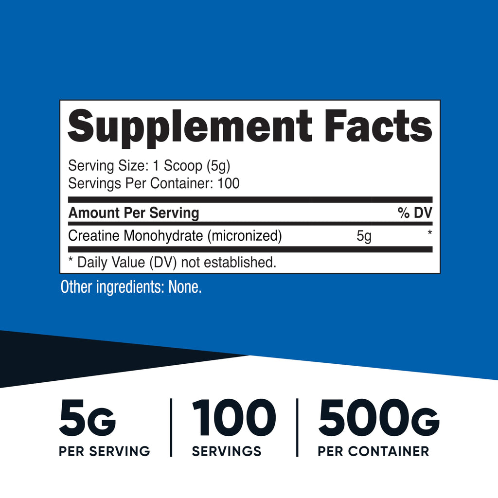 Nutricost Micronized Creatine 500g supplement nutritional facts and serving size breakdown