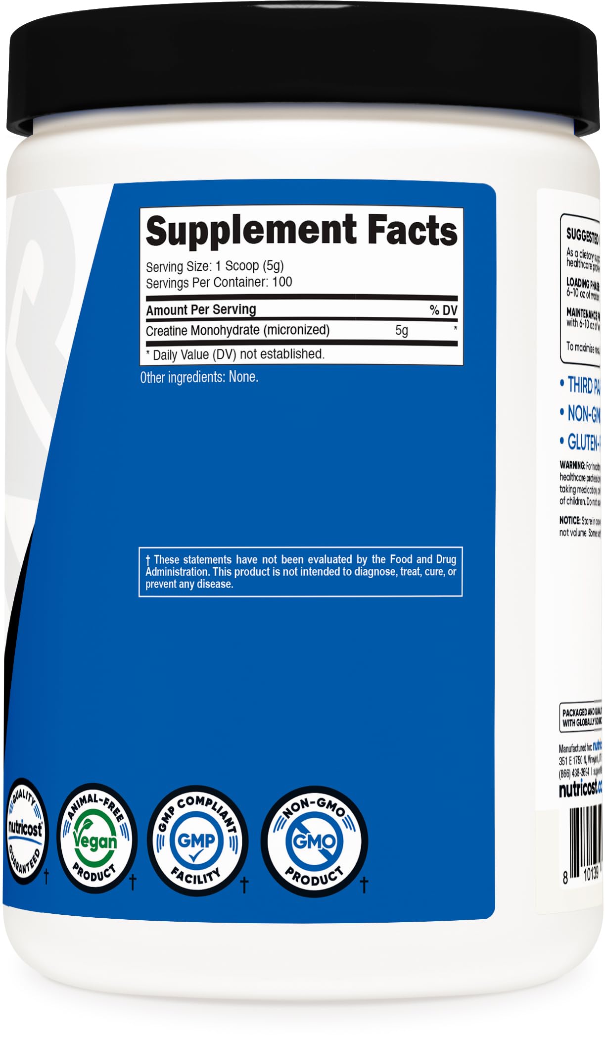 Nutricost Performance Creatine Monohydrate 5000mg premium packaging side angle view