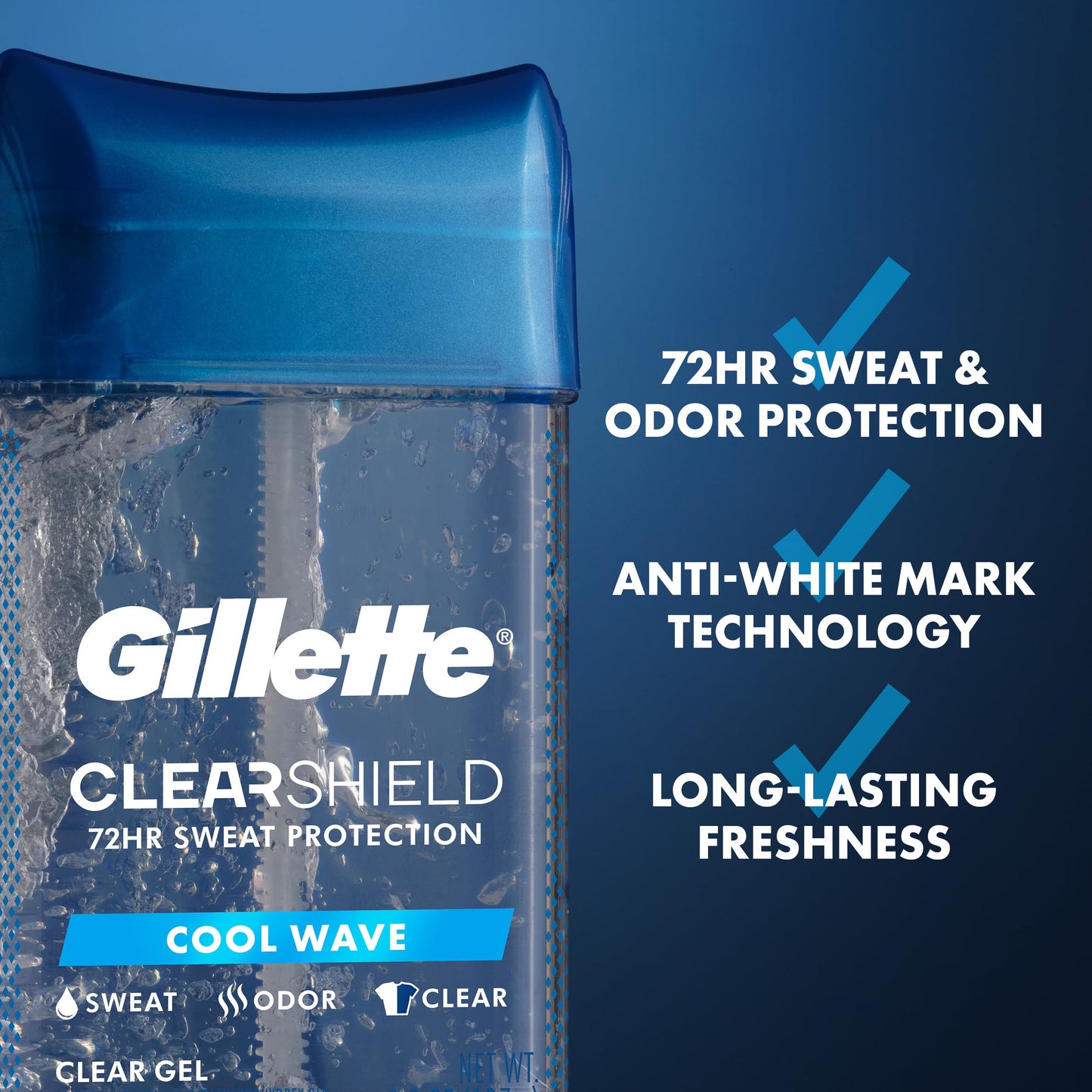 Two pack of Gillette Cool Wave Men's Deodorant highlighting seventy two hour sweat protection label.