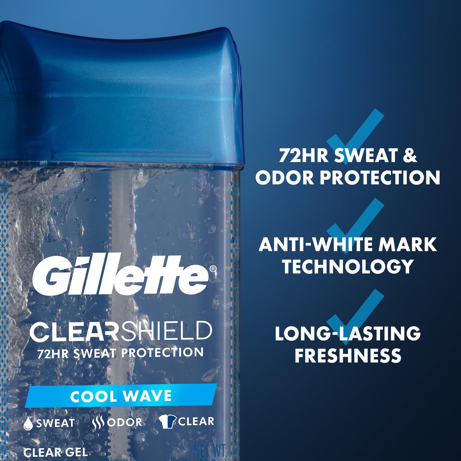 Two pack of Gillette Cool Wave Men's Deodorant highlighting seventy two hour sweat protection label.
