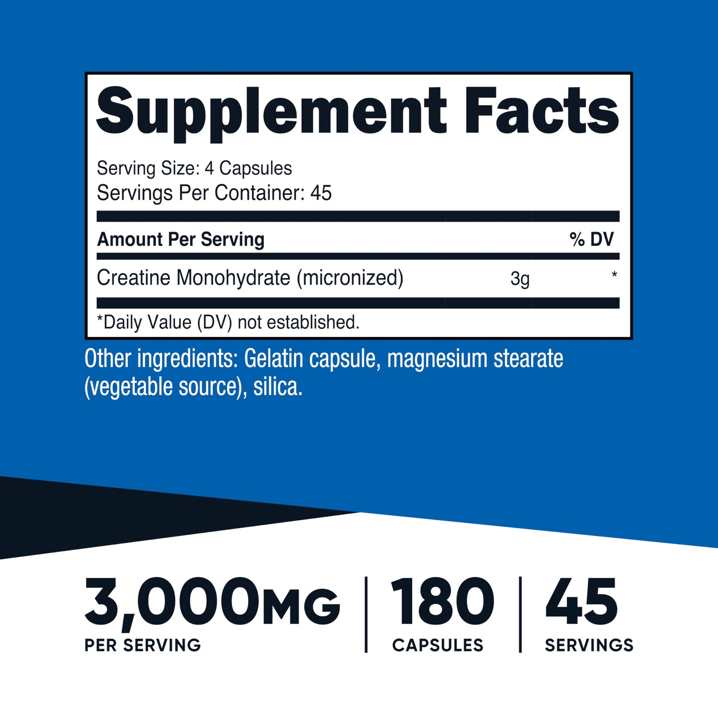 Nutricost Performance Creatine Monohydrate supplement facts label showcasing 750mg per capsule serving size