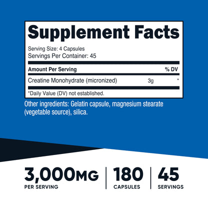 Nutricost Performance Creatine Monohydrate supplement facts label showcasing 750mg per capsule serving size