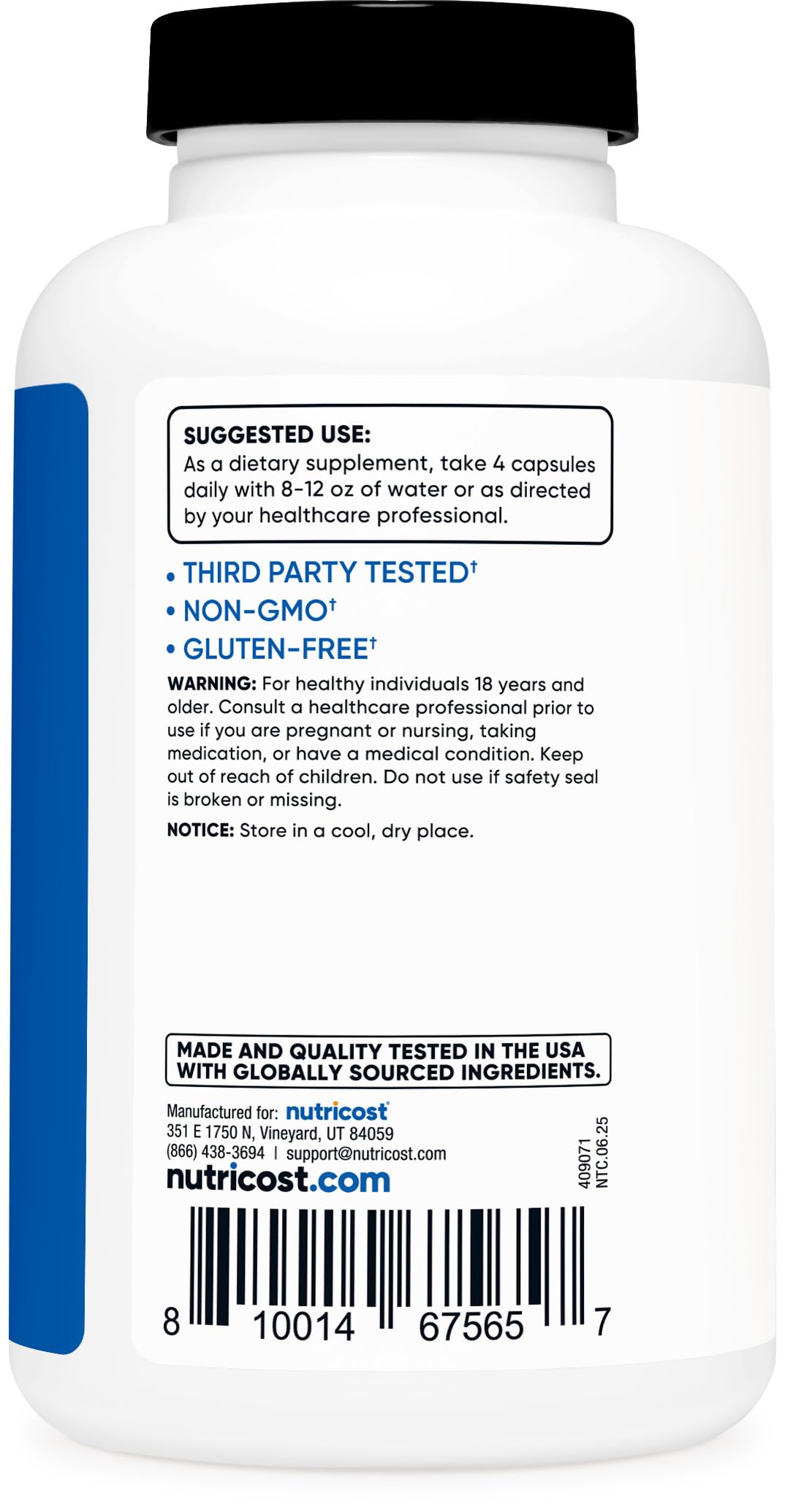 Side view of Nutricost premium creatine monohydrate bottle outlining clear usage instructions and hydration warnings