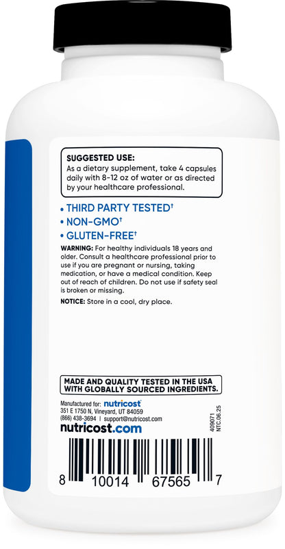 Side view of Nutricost premium creatine monohydrate bottle outlining clear usage instructions and hydration warnings