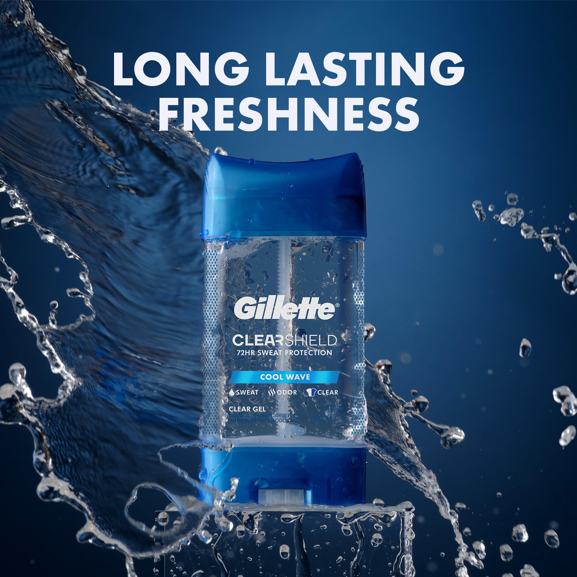 Side view of two Gillette clear gel deodorant containers highlighting premium packaging quality.