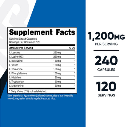 Nutricost EAA 1200mg supplement facts label displaying essential amino acids profile