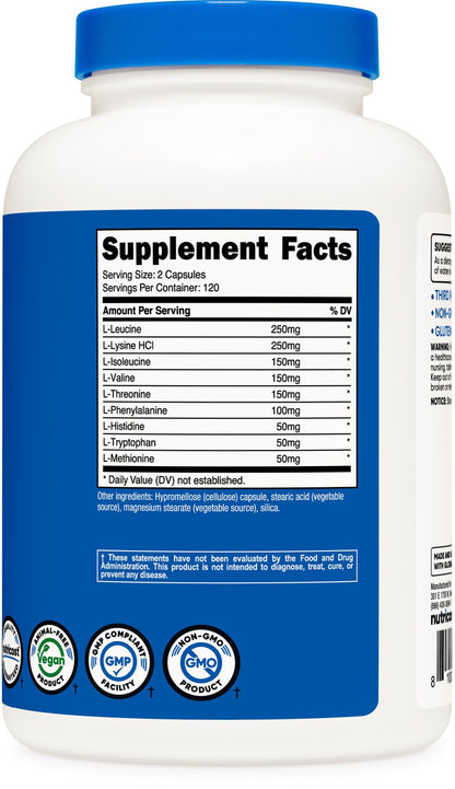 Authentic USA imported Nutricost amino acids bottle showing vegan and non-GMO seals