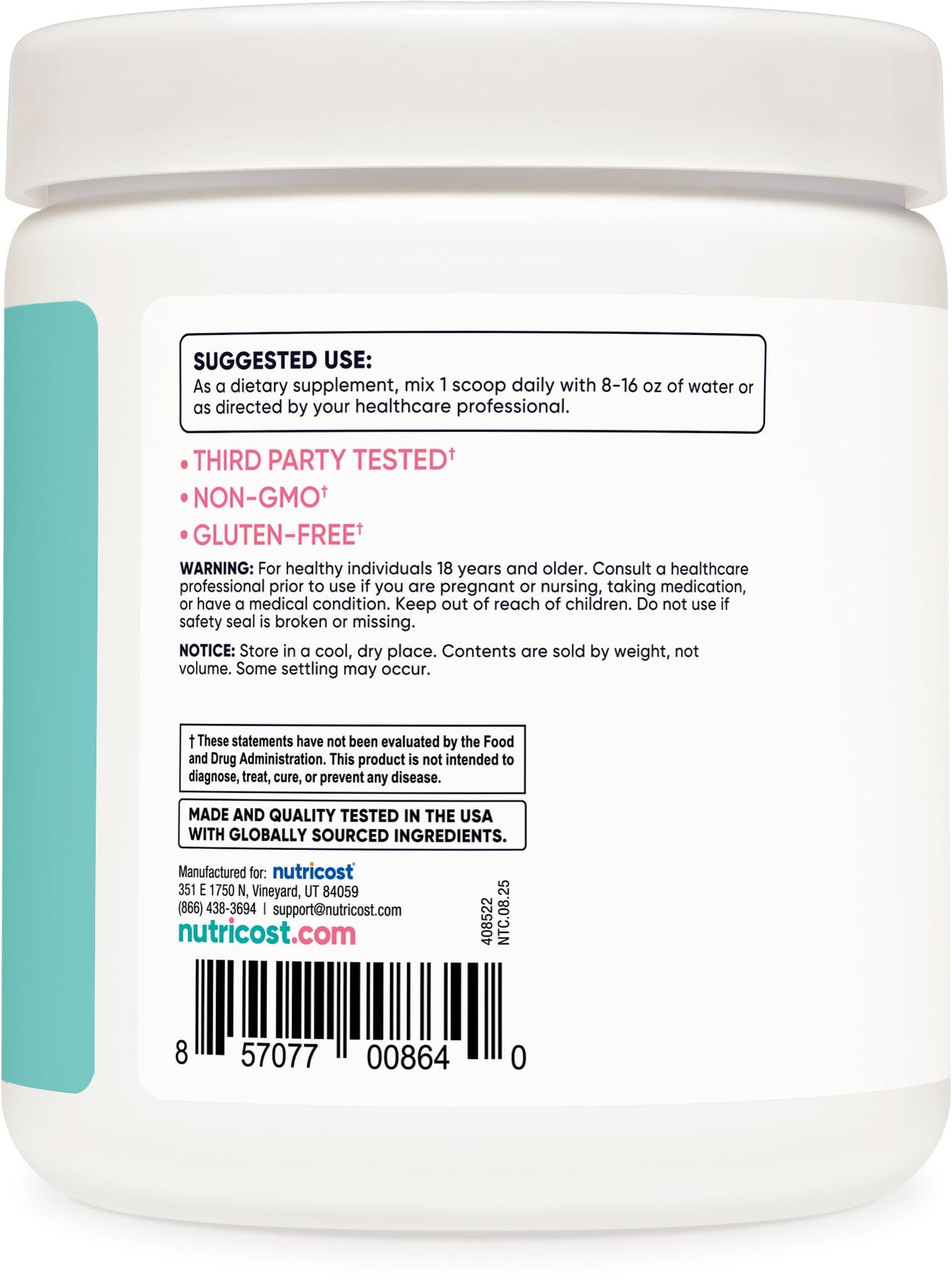 Nutricost BCAA for Women tub side view with ingredients
