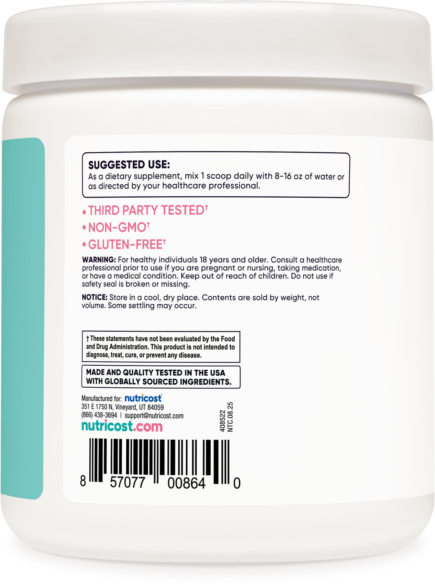 Nutricost BCAA for Women tub side view with ingredients