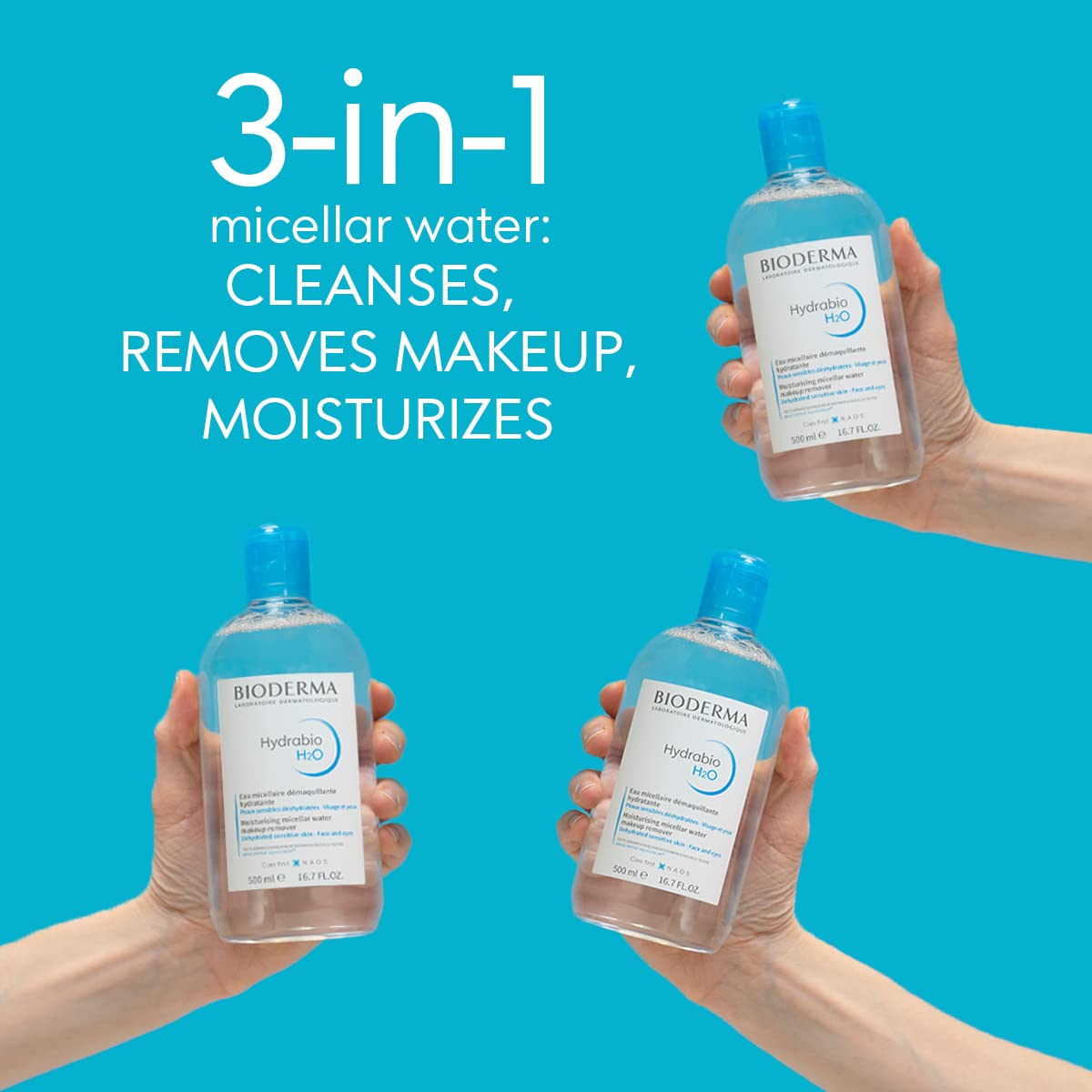 Authentic USA imported Bioderma Hydrabio face cleanser packaging details highlighting the Aquagenium technology.