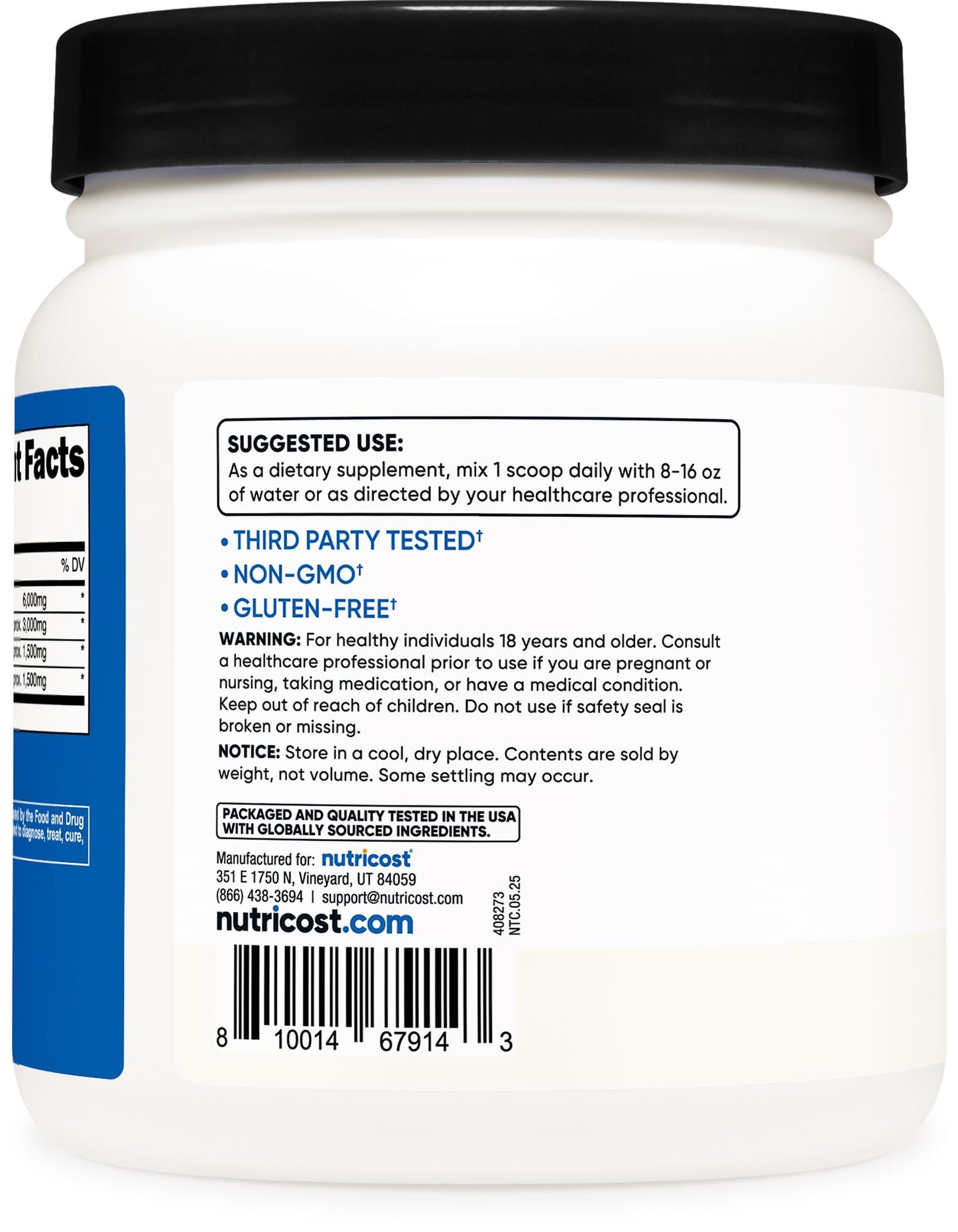 Side view of Nutricost BCAA 540g container with supplement facts and ingredients